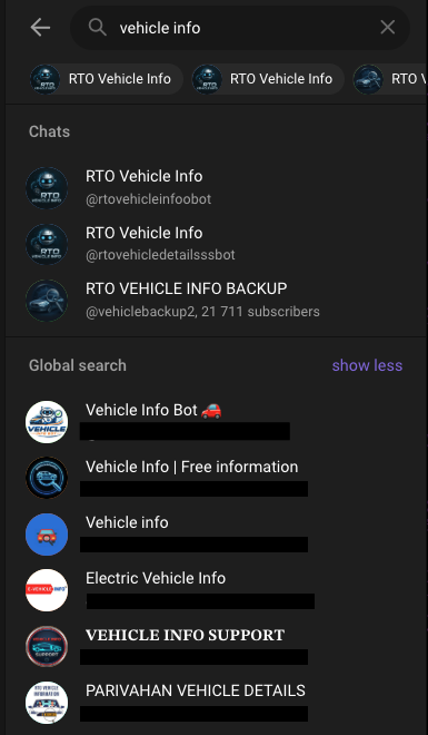 Telegram search for "vehicle info" surfaces the active bots and backup channel