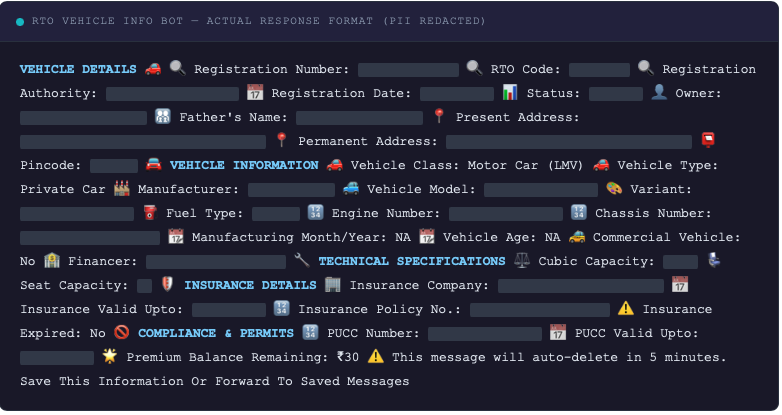 Bot response format for a vehicle RC query