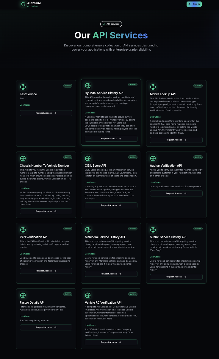 The API Services page