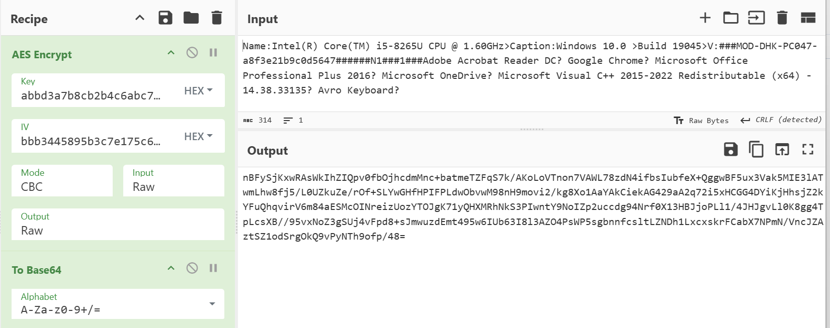 Initial plaintext data and encryption routine reproduced using mock data