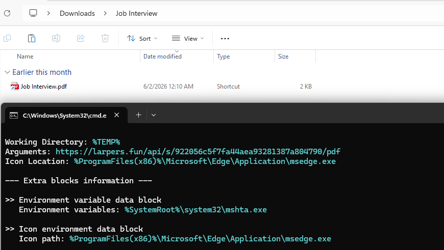 Job-interview LNK lure disguised as a PDF document