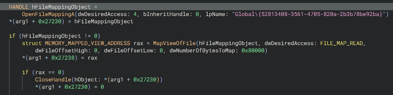  Nvoglv64.dll consumer path mapping the section via OpenFileMappingA without integrity validation.