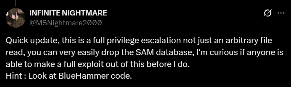 The researcher’s follow-up post reclassifying ShieldCrash and inviting the community to complete it.
