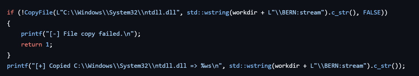 ntdll.dll copied into the BERN alternate data stream during setup.