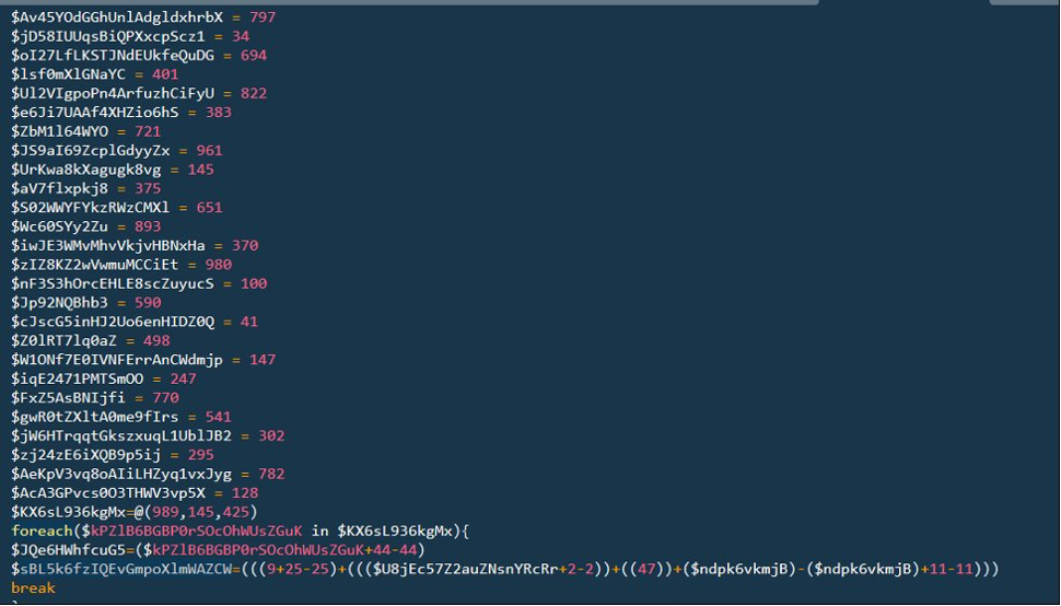Screenshot of obfuscated PowerShell malware code showing a series of randomly named variables assigned numeric values, followed by a foreach loop that iterates over an array of RGB-like values (989, 145, 425) and performs arithmetic obfuscation to reconstruct a payload string, a common technique used to evade static detection.