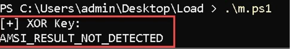 PowerShell terminal screenshot showing execution of a script named m.ps1 from the Desktop\Load directory, with output displaying "[+] XOR Key:" followed by "AMSI_RESULT_NOT_DETECTED" — indicating the malware is using Microsoft's own AMSI bypass string as its XOR decryption key.