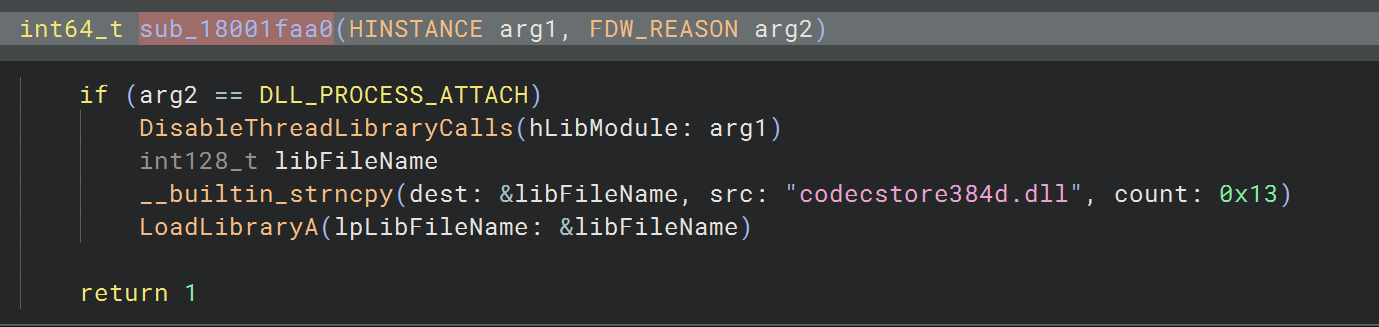 Decompiled DllMain pseudocode showing the OnionDrop sample loading codecstore384d.dll on DLL_PROCESS_ATTACH via LoadLibraryA.