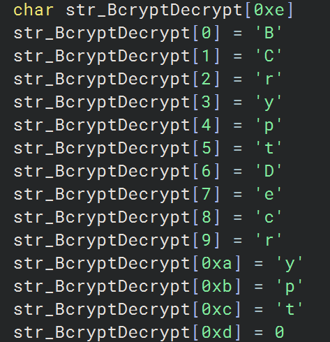 Decompiled stack-string code building "BCryptDecrypt" one character at a time to evade static detection.