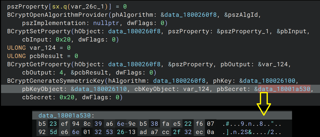 Decompiled CNG crypto setup with an arrow highlighting the 32-byte AES key material at data_18001a530.