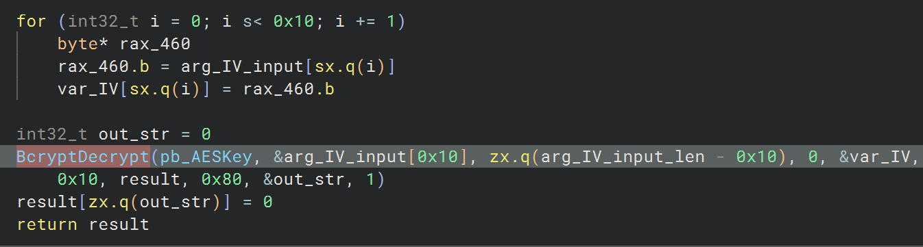 Decompiled AES-CBC decrypt routine extracting a 16-byte IV from the input before calling BCryptDecrypt.