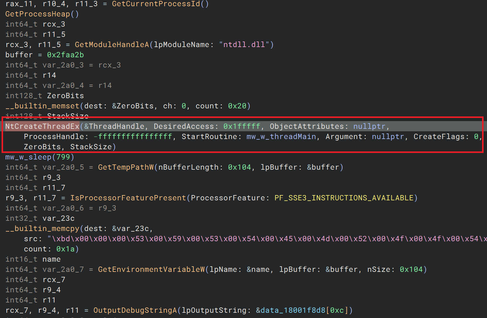 Decompiled code highlighting an NtCreateThreadEx call that spawns the malware's main thread, mw_w_threadMain.
