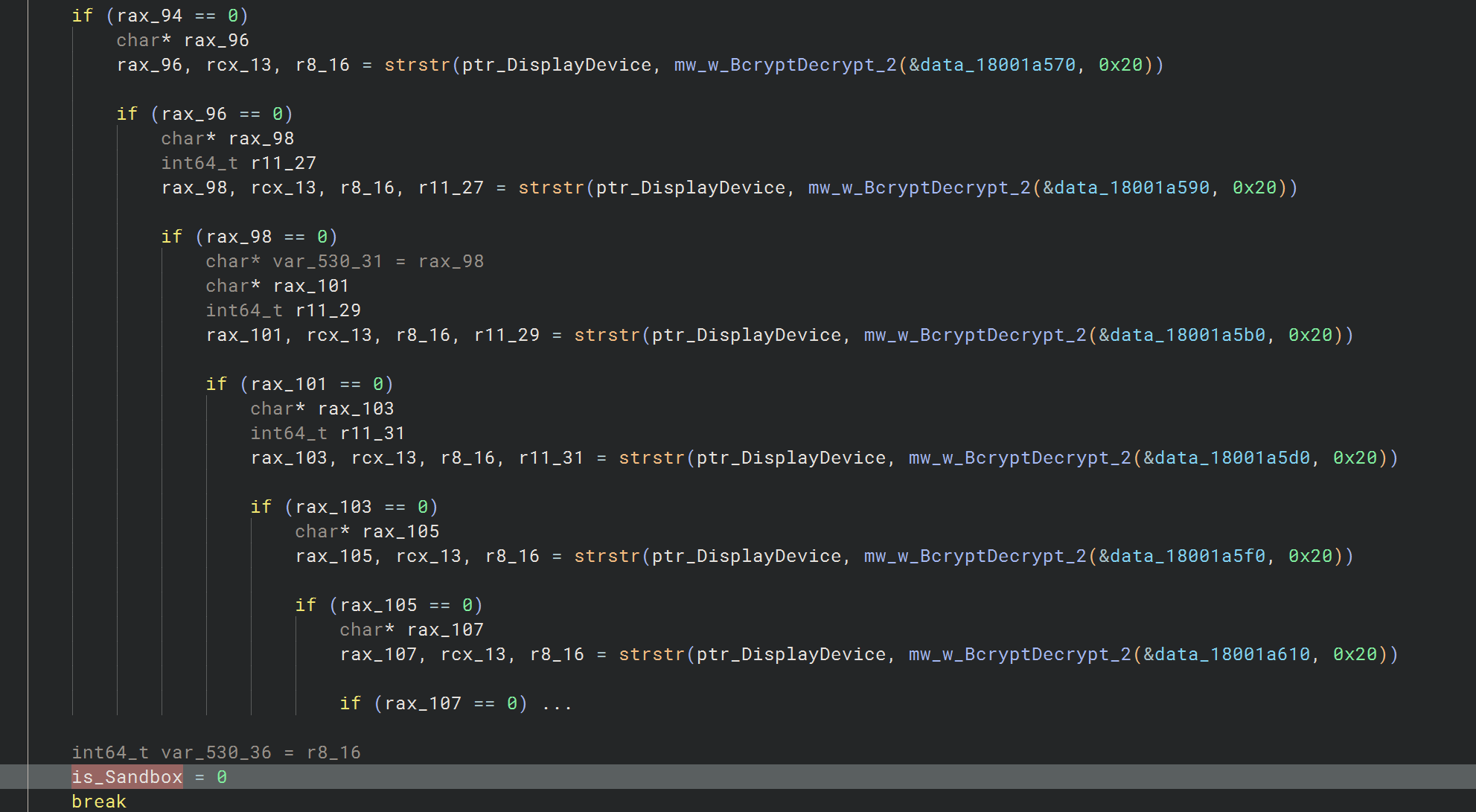 Decompiled nested strstr checks scanning display-device strings against decrypted GPU vendor names to detect sandboxes.