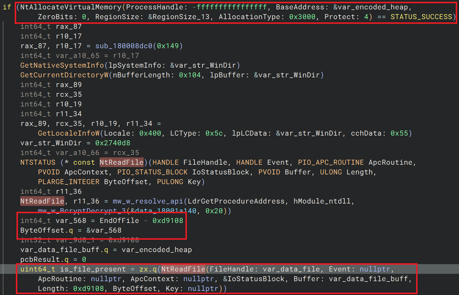 Decompiled code allocating heap memory via NtAllocateVirtualMemory, then dynamically resolving NtReadFile to read an encrypted payload from data.bin.