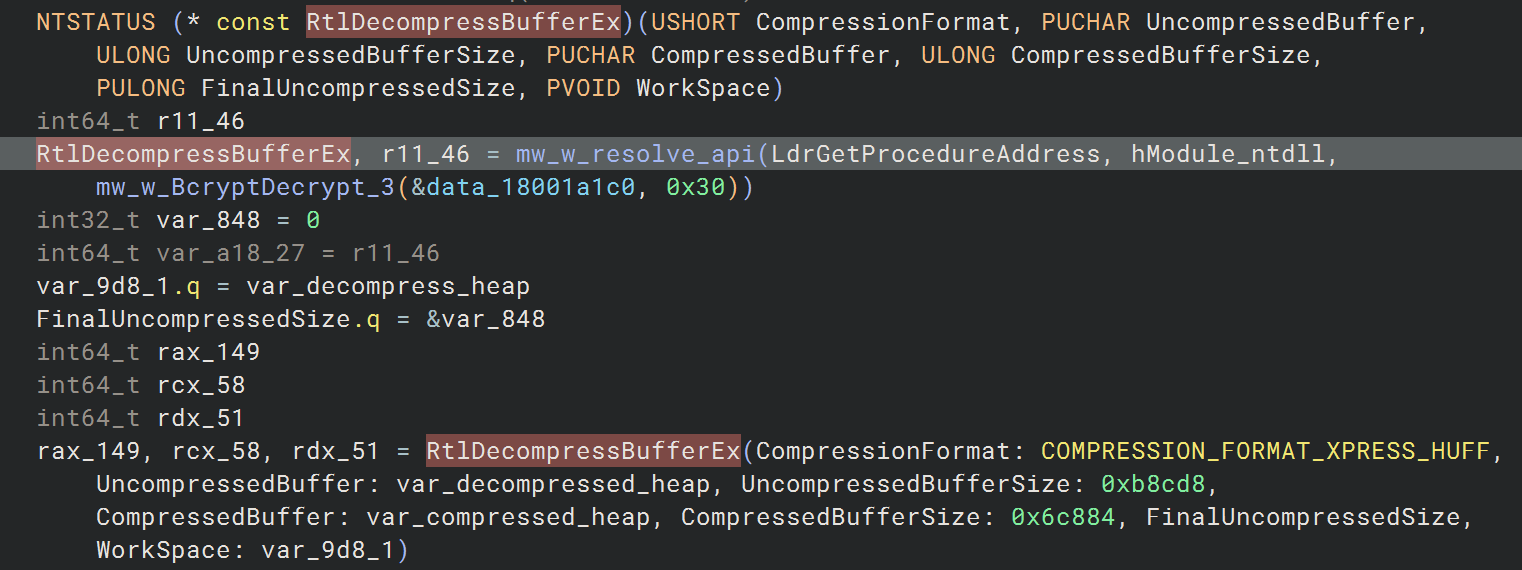 Decompiled code resolving and calling RtlDecompressBufferEx with Xpress Huffman format to decompress the Stage 2 payload.