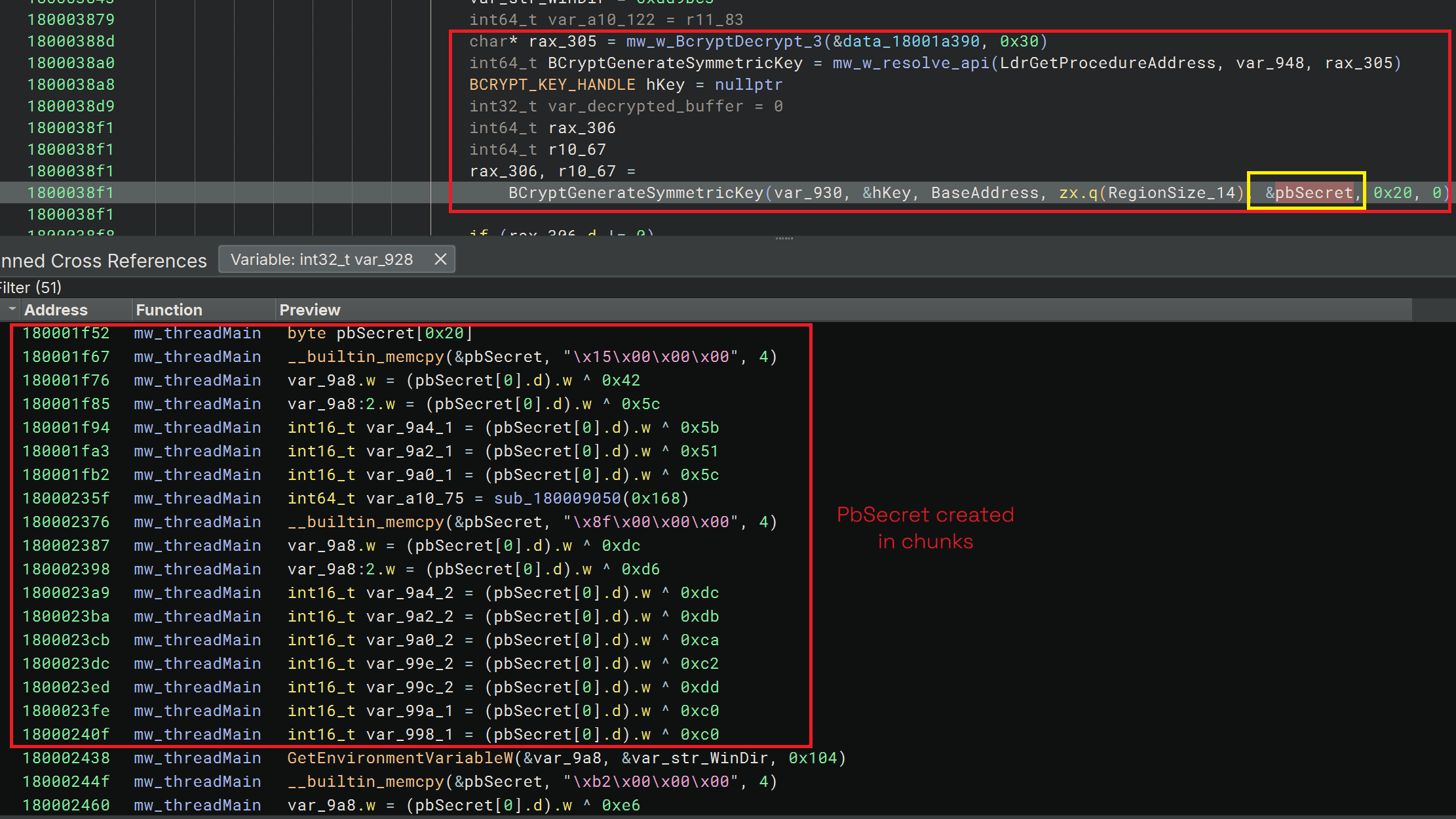 Decompiler and cross-reference view showing the 32-byte AES key (pbSecret) being built piecemeal via XOR operations across runtime.