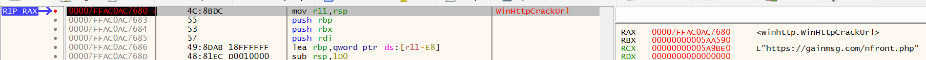 ``` Debugger view stopped at the resolved WinHttpCrackUrl function, with a register showing the C2 URL the payload contacts: https://gainmsg[.]com/nfront.php. ```