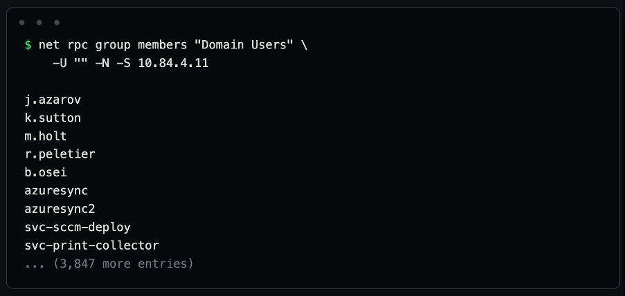 Terminal output of a get_user_groups query for the azuresync2 account, showing membership in Domain Users, Azure AD Sync Operators, and AD View All Objects