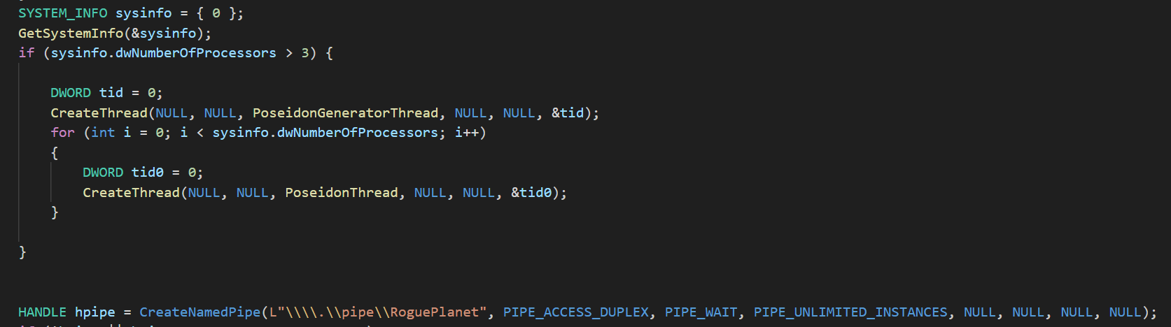 I/O thread initialization and RoguePlanet named pipe server creation