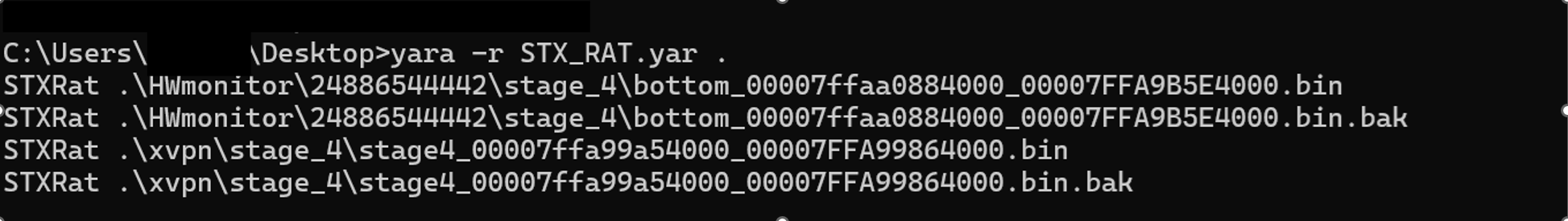 Command-line output from a YARA scan using STX_RAT.yar, flagging multiple STXRat-related .bin payload files in a user's Desktop directory.