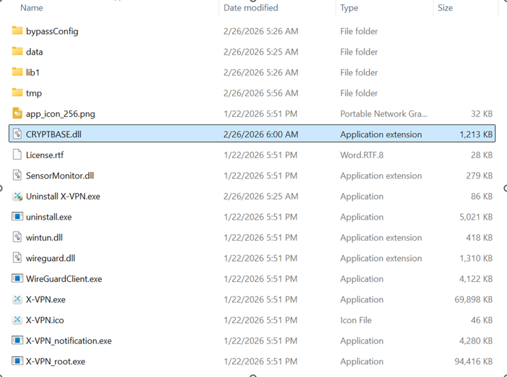 Windows File Explorer showing the extracted X-VPN application contents, with the malicious CRYPTBASE.dll (1,213 KB) highlighted among legitimate files such as WireGuard and X-VPN executables.