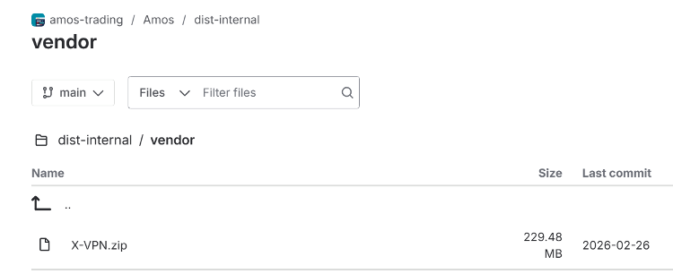   GitHub repository "amos-trading" showing a dist-internal/vendor folder containing a single file, X-VPN.zip (229.48 MB), last committed 2026-02-26.