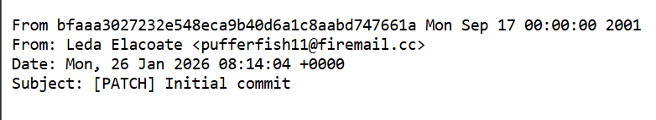 Git commit header for the X-VPN repository's initial commit, authored by "Leda Elacoate" from a firemail.cc address, dated 26 January 2026, subject line "[PATCH] Initial commit."