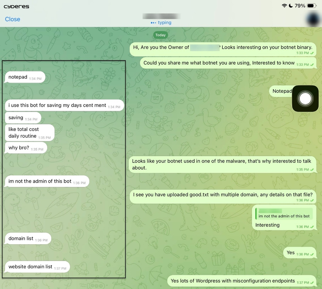 Screenshot of conversation with the hacker selling botnet binary