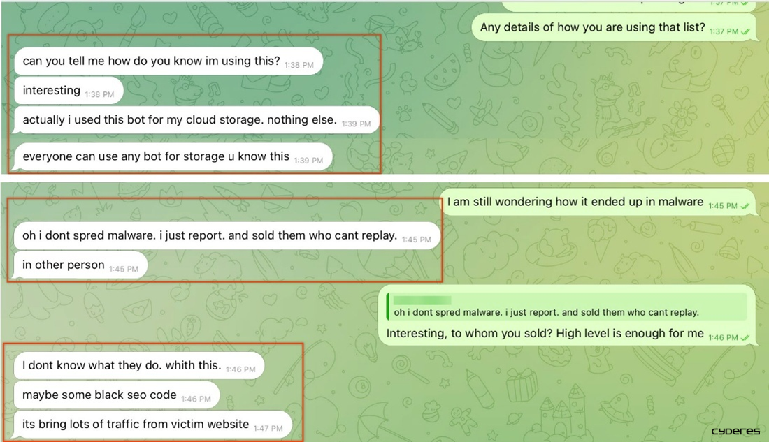 Screenshot of conversation with hacker selling botnet 