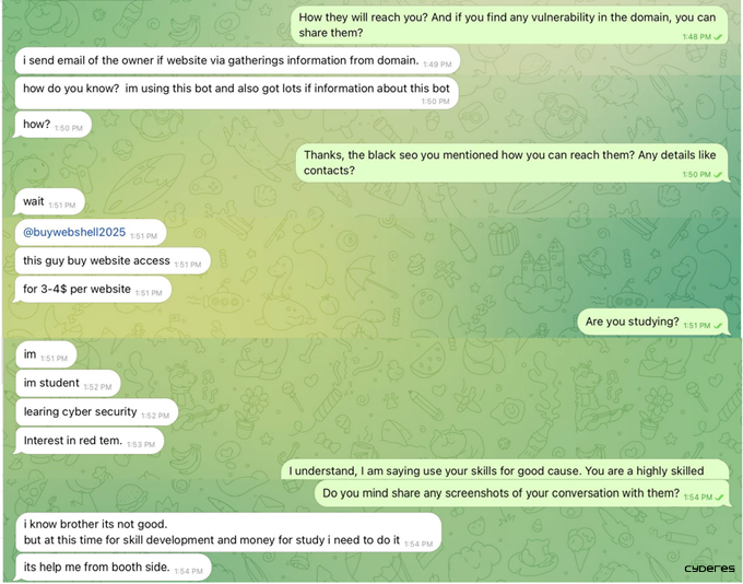 Screenshot of communication with hacker saying they are a student