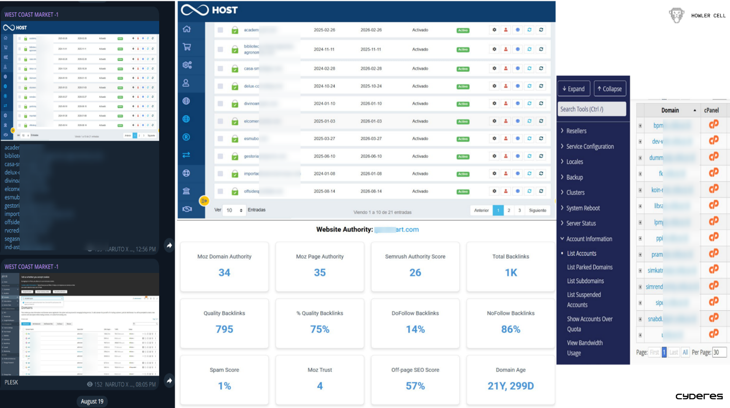 Screenshot of compromised webservers for sale in Telegram