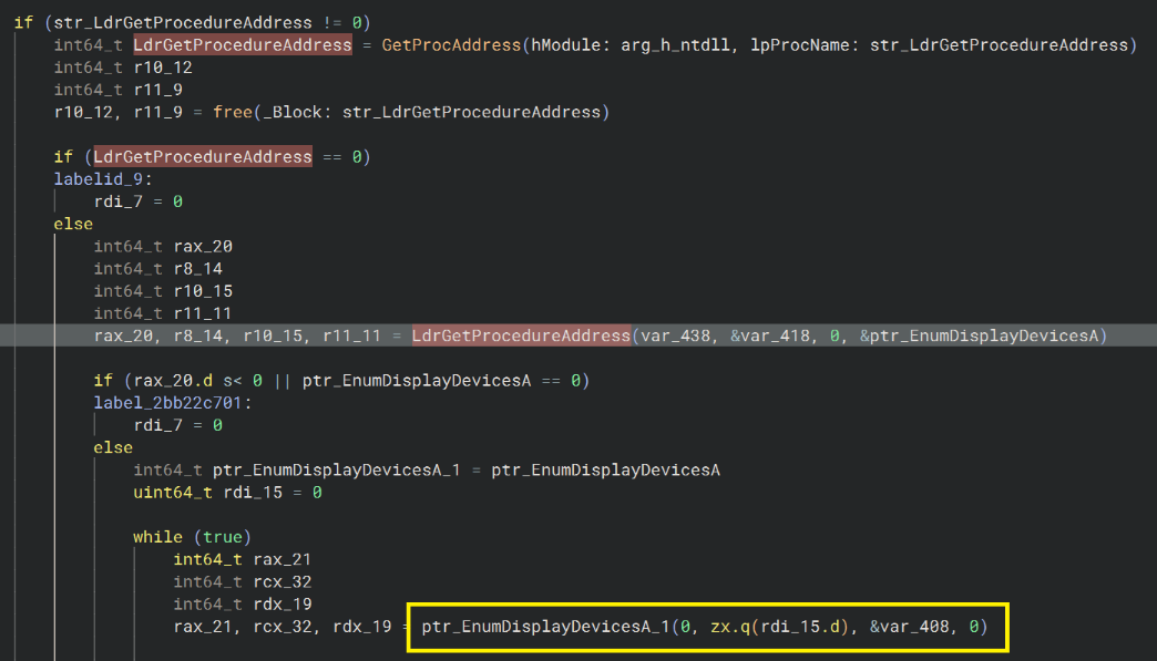 Dynamically resolving EnumDisplayDevicesA using LdrGetProcedureAddress