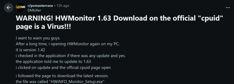 Reddit post outlining reported malware through recent versions of HWMonitor