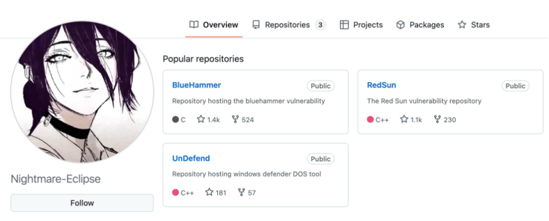 Nightmare-Eclipse GitHub profile showing all three public tools: BlueHammer, RedSun, and UnDefend.